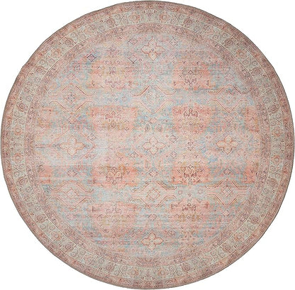 GLN Rugs Traditional Collection - Machine Washable Area Rug, Traditional Washable, Non Slip, Low Pile Chenille Rug, Living Room, Bedroom, Kitchen Rug (5'3" Round Terra/Multicolor 1153)