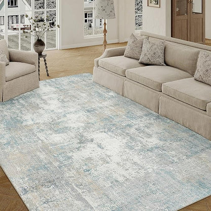 5x7 Washable Area Rug Blue Cream Abstract Living Room Bedroom Carpet Neutral Modern Non-Slip Soft Low Pile Lightweight Vacuumable Throw Rug for Dining Room Entryway