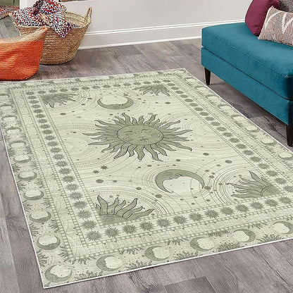 Ambesonne Sun and Moon Decorative Rug, Bohemian Artwork Design of Crescent Solar Ornament Esoteric Stars Ornaments, Quality Carpet for Bedroom Dorm and Living Room, 5' 1" X 7' 5", Pale Reseda