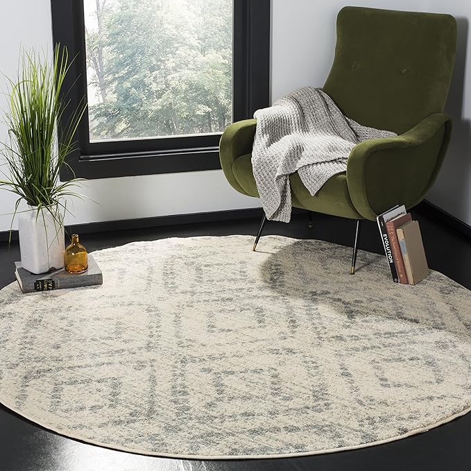 SAFAVIEH Adirondack Collection 10' Round Ivory / Light Blue ADR131T Modern Diamond Distressed Non-Shedding Dining Room Entryway Foyer Living Room Bedroom Area Rug