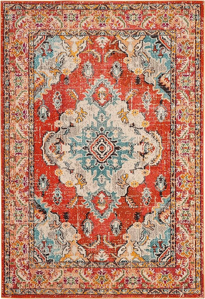 SAFAVIEH Monaco Collection Area Rug - 5'1" x 7'7", Orange & Light Blue, Boho Chic Medallion Distressed Design, Non-Shedding & Easy Care, Ideal for High Traffic Areas in Living Room, Bedroom (MNC243H)