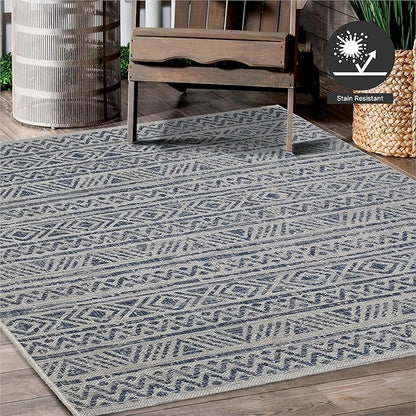 FH Home Flat Woven Outdoor Rug - Waterproof, Easy to Clean, Stain Resistant - Premium Polypropylene Yarn - Striped Boho - Large Patio, Deck, Sunroom - Amman - Blue - 7ft 8in x 9ft 8in