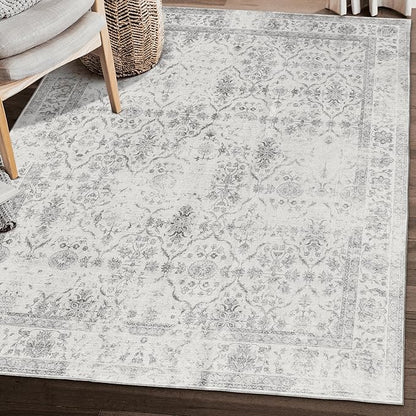ReaLife Rugs Machine Washable Area Rug - Living Room Bedroom Bathroom Kitchen Entryway Office - Padded Low Pile Stain Resistant Premium - Boho Farmhouse Vintage - Noor - Ivory Grey 5' x 7'
