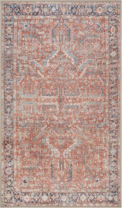 GLN Rugs Traditional Collection - Machine Washable Area Rug, Traditional Washable, Non Slip, Low Pile Chenille Rug, Living Room, Bedroom, Kitchen Rug (2'6" x 7' Terra/Multicolor 1168)