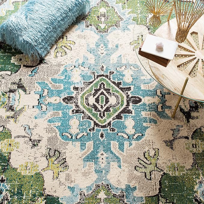 SAFAVIEH Monaco Collection Runner Rug - 2'2" x 18', Forest Green & Light Blue, Medallion Distressed Design, Non-Shedding & Easy Care, Ideal for High Traffic Areas in Living Room, Bedroom (MNC243F)