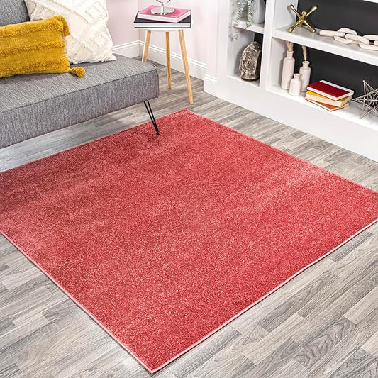 Eyely UES100E-7SQ Haze Solid Low-Pile Red 7' Square Area Rug, Pet Friendly, Stain Resistant, Easy Cleaning, for Bedroom, Living Room, Kitchen