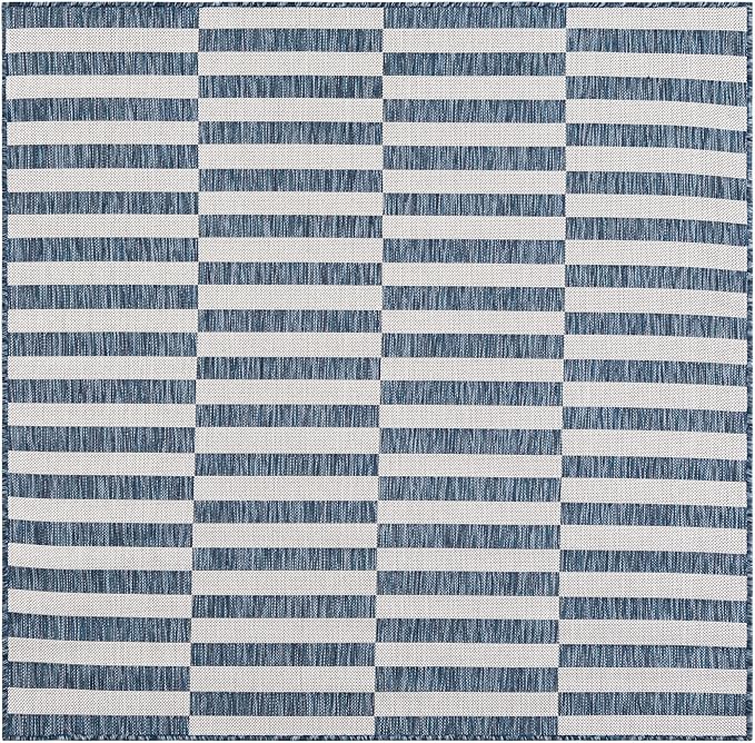 Unique Loom Outdoor Striped Collection Area Rug - Striped (5' 3" Square Blue/Ivory)