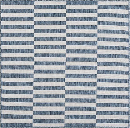 Unique Loom Outdoor Striped Collection Area Rug - Striped (5' 3" Square Blue/Ivory)