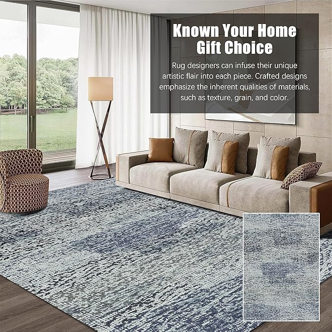 RUGSURE Washable Area Rug - 1/6 Thick - Stain & Water Resistant Non-Slip - Resistant Rug for Living Room, Bedroom, Nursery, Pet & Child Friendly, Vintage Charm Area Rugs (Grey+LightTeal, 6' x 9')