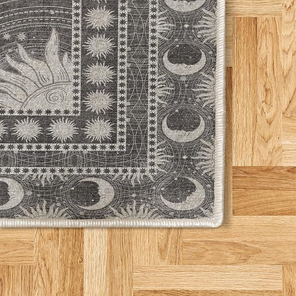 Ambesonne Sun and Moon Decorative Rug, Bohemian Artwork Design of Crescent Solar Ornament Esoteric Stars Ornaments, Quality Carpet for Bedroom Dorm and Living Room, 5' 1" X 7' 5", Dark Taupe