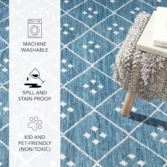 Dash and Albert Kota Machine Washable Area Rug - 5' x 8' Indigo - Diamond Accent Rug - Anti-Slip Backing, Lightweight, Machine Washable, High Traffic Areas Kitchen, Mudroom, Laundry Room