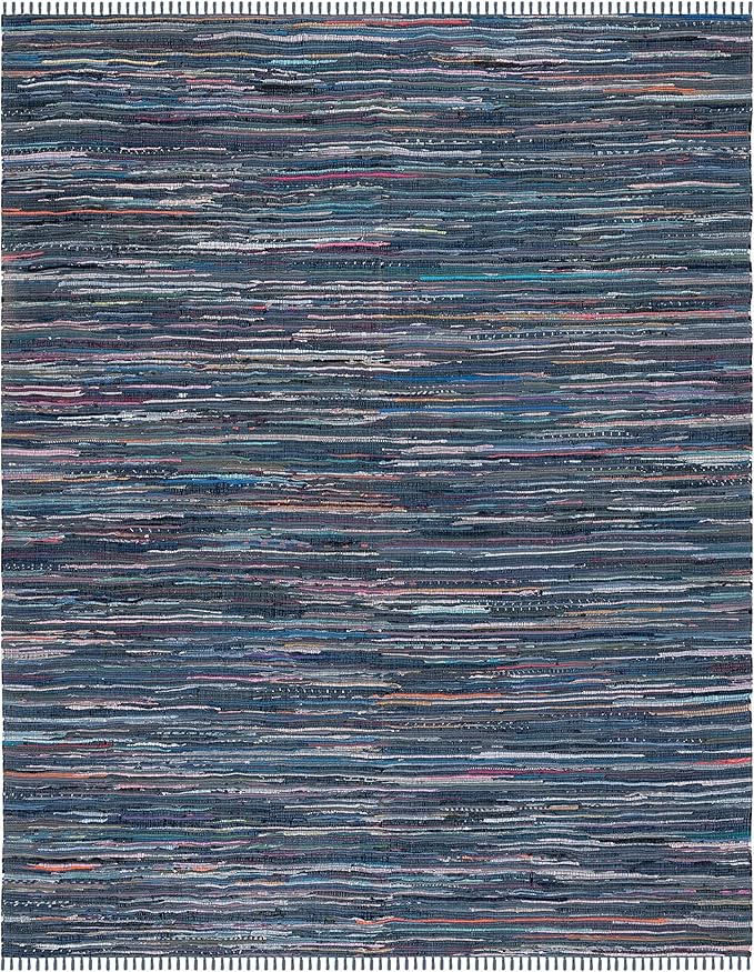 SAFAVIEH Rag Rug Collection Area Rug - 10' x 14', Ink & Multi, Handmade Boho Stripe Cotton, Ideal for High Traffic Areas in Living Room, Bedroom (RAR121C)