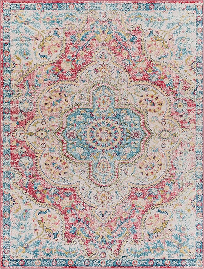 Livabliss Area Rugs - 8x10 Romaine Vintage Boho Rose Navy Sky Blue Area Rug for Living Room Bedroom - Floral Medallion Stain Resistant Carpet for Kitchen, Nursery, Office (7'10" x 10'3")