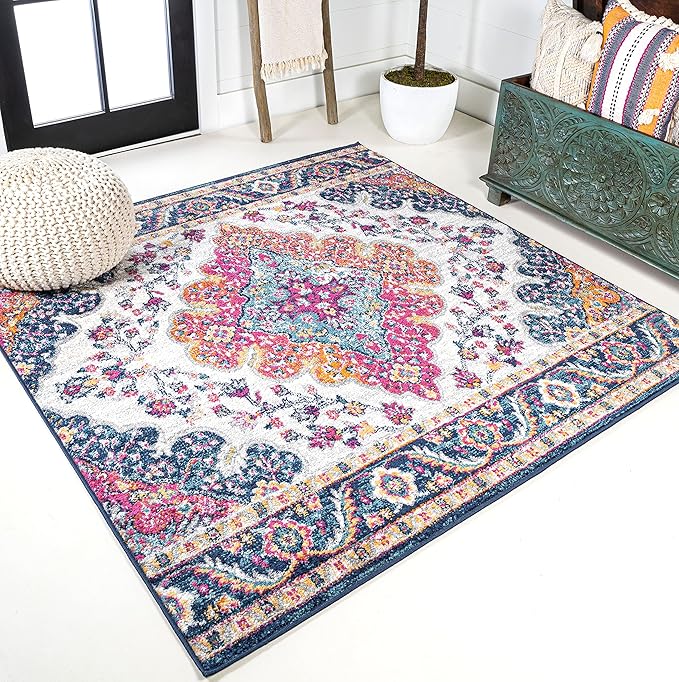 JONATHAN Y Boho Vintage Blue/Multi 3x3 Square Area Rug, Bohemian Flair Medallion, Floral Easy-Cleaning High Traffic for Living Room, Bedroom, Kitchen, Pet-Friendly, Non Shedding (BMF106A-3SQ)