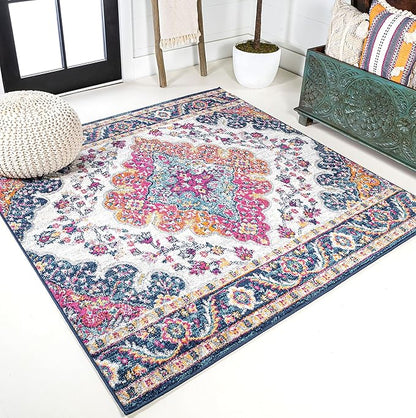 JONATHAN Y Boho Vintage Blue/Multi 5x5 Square Area Rug, Bohemian Flair Medallion, Floral Easy-Cleaning High Traffic for Living Room, Bedroom, Kitchen, Pet-Friendly, Non Shedding (BMF106A-5SQ)