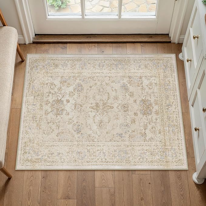 HUGEAR 2x3 Entryway Rug Retro Beige Small Area Rug Machine Washable Door Mat Vintage Floral Low Pile Carpet Vacuumable Distressed Throw Rug Entrance Kitchen Bathroom Bedroom Non Slip Lightweight
