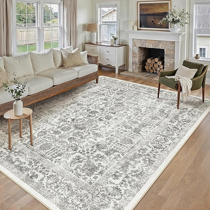 Black Area Rug 10x12 Machine Washable Large Vintage Living Room Distressed Non Slip Carpet Traditional Indoor Bedroom Grey Retro Floral Accent Throw Rug for Office Kitchen Dining Room