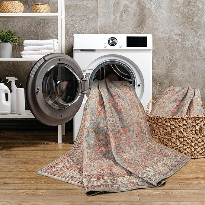 GLN Rugs Traditional Collection - Machine Washable Area Rug, Traditional Washable, Non Slip, Low Pile Chenille Rug, Living Room, Bedroom, Kitchen Rug (8' x 10' Terra/Multicolor 1153)