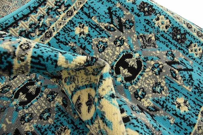 Unique Loom Taftan Collection Border Geometric Tribal Inspired Design Area Rug (2' 2 x 8' 2 Runner, Turquoise/ Gray)