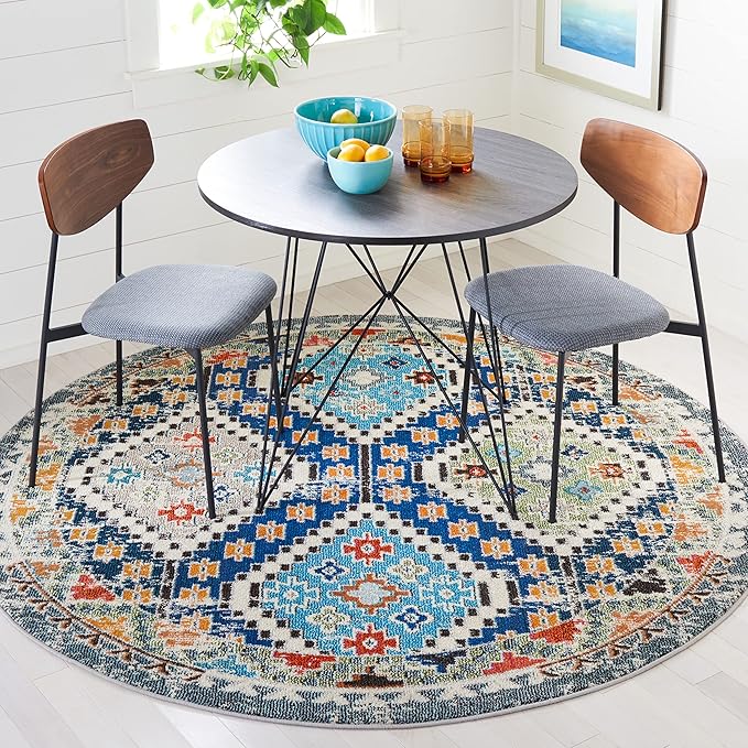 SAFAVIEH Madison Collection 6'7" Round Navy/Beige MAD418M Boho Diamond Distressed Non-Shedding Entryway Foyer Living Room Bedroom Kitchen Area Rug