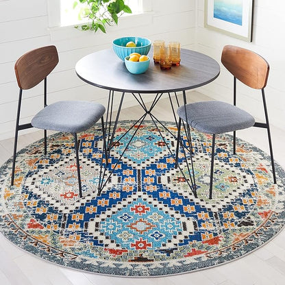 SAFAVIEH Madison Collection 6'7" Round Navy/Beige MAD418M Boho Diamond Distressed Non-Shedding Entryway Foyer Living Room Bedroom Kitchen Area Rug