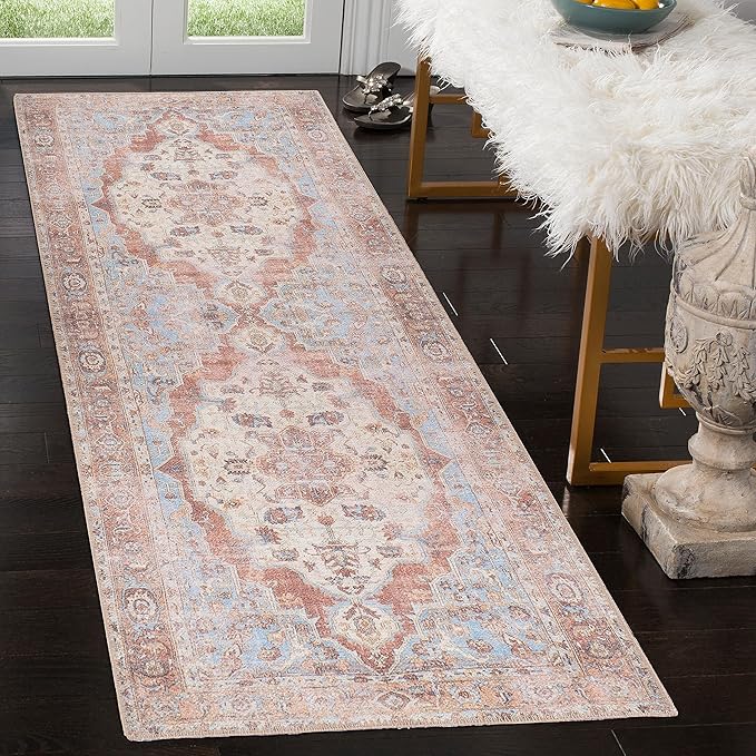 GLN Rugs Traditional Collection - Machine Washable Area Rug, Traditional Washable, Non Slip, Low Pile Chenille Rug, Living Room, Bedroom, Kitchen Rug (2'6" x 7' Brown/Blue)
