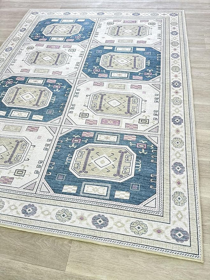Fame Living Faded Oushak Rug, Turkish Vintage Floral Pastel Large Oversized Area Rugs for Living Room Dining Bedroom Kitchen Bathroom Nursery (848CrNv, 2' x 3')