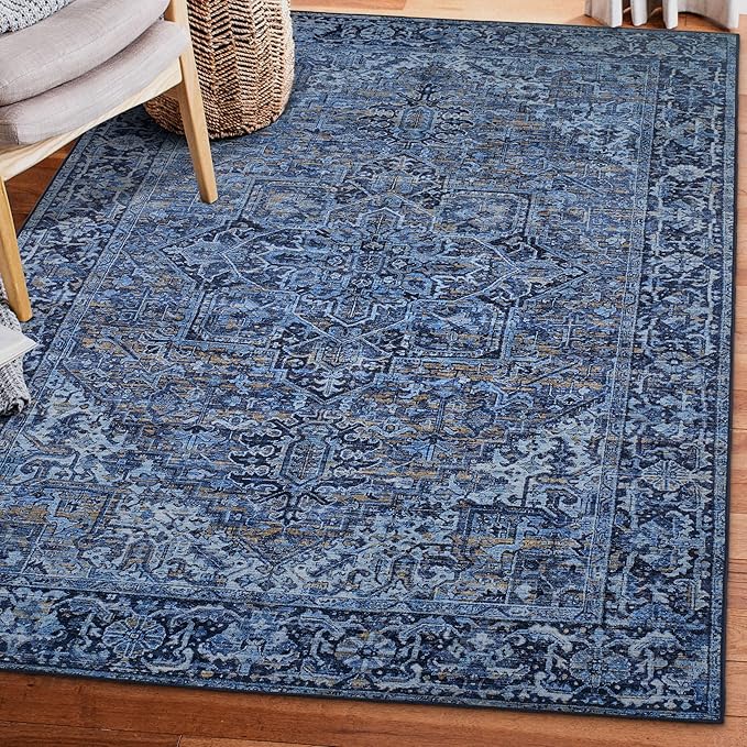 ReaLife Rugs Machine Washable Area Rug - Living Room Bedroom Bathroom Kitchen Entryway Office - Padded Low Pile Stain Resistant Premium - Boho Vintage Traditional - Lyle - Blue 5' x 7'