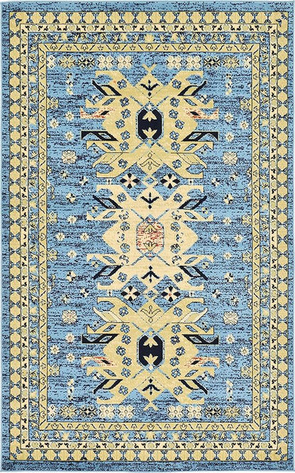 Unique Loom Taftan Collection Border Geometric Tribal Inspired Design Area Rug (5' 0 x 8' 0 Rectangular, Light Blue/ Gold)