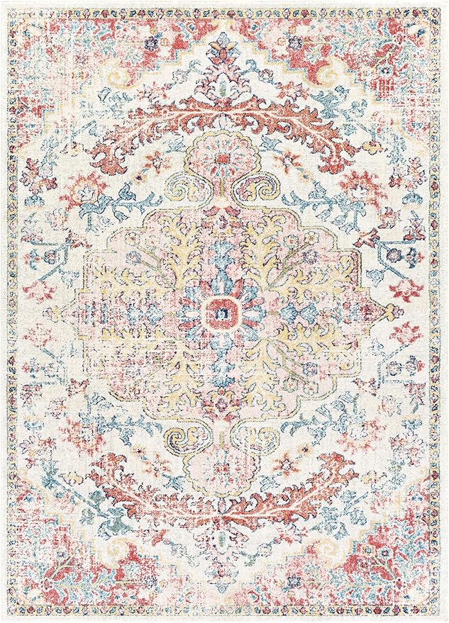 Livabliss Area Rugs - 5x7 Odelia Vintage Boho Red Off-White Blue Area Rug for Living Room Bedroom - Floral Medallion Stain Resistant Carpet for Kitchen, Nursery, Office (5'3" x 7'3")