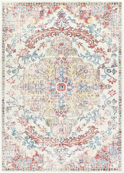 Livabliss Area Rugs - 5x7 Odelia Vintage Boho Red Off-White Blue Area Rug for Living Room Bedroom - Floral Medallion Stain Resistant Carpet for Kitchen, Nursery, Office (5'3" x 7'3")