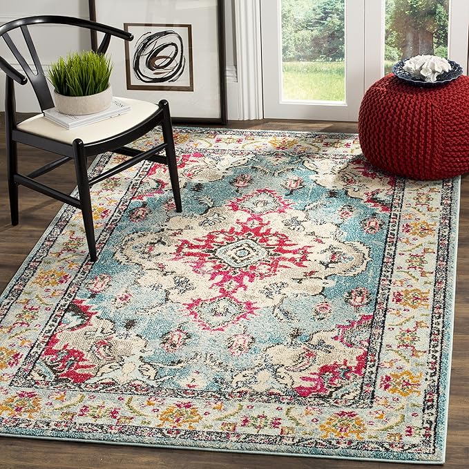 SAFAVIEH Monaco Collection Accent Rug - 4' x 5'7", Light Blue & Fuchsia, Medallion Distressed Design, Non-Shedding & Easy Care, Ideal for High Traffic Areas in Entryway, Living Room, Bedroom (MNC243J)