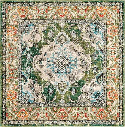 SAFAVIEH Monaco Collection Area Rug - 10' Square, Forest Green & Light Blue, Medallion Distressed Design, Non-Shedding & Easy Care, Ideal for High Traffic Areas in Living Room, Bedroom (MNC243F)