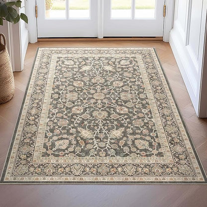 Well Woven Asha Rome Charcoal Brown 3'3" x 5' Area Rug - Oriental Floral Pattern, Easy Clean, Floor-Friendly Backing - for Living Room, Bedroom, and Dining Room