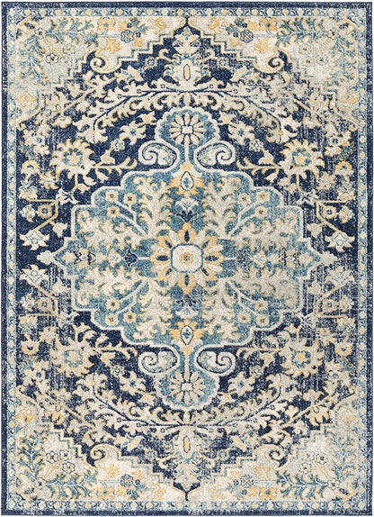 Livabliss Area Rugs - 7x9 Odelia Vintage Boho Blue Aqua Slate Area Rug for Living Room Bedroom - Floral Medallion Stain Resistant Carpet for Kitchen, Nursery, Office (6'7" x 9')
