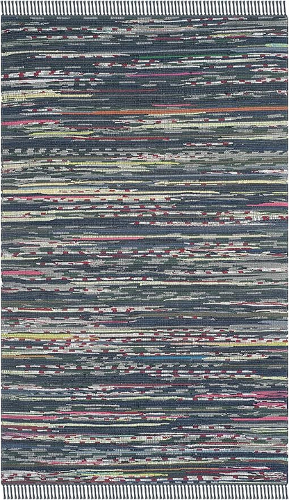 SAFAVIEH Rag Rug Collection Area Rug - 6' x 9', Ink & Multi, Handmade Boho Stripe Cotton, Ideal for High Traffic Areas in Living Room, Bedroom (RAR121C)