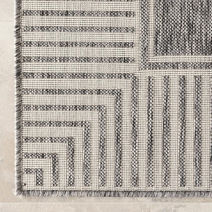 Nuloom Asha Grey/Ivory, 4' x 6', Casual, Striped Border, Soft and Cozy, High Traffic, Stain Resistant, Easy Clean, Durable Area Rug for Indoor/Outdoor Patio, Deck, Porch, Garden, Courtyard