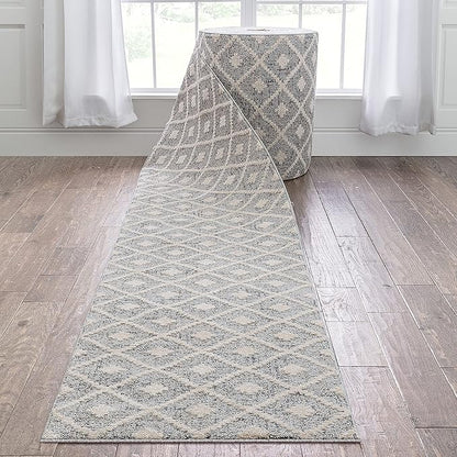 Well Woven Custom Size Runner - Choose Your Length - Ainsley Grey Diamond Trellis Geometric Tribal - 31 Inches Wide x 21 Feet Long Runner (31" x 21' Runner) Rug