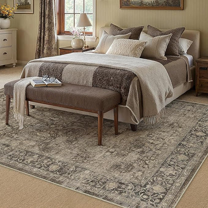 8x10 Brown Washable Area Rug for Living Room Bedroom Neutral Vintage Soft Non Slip Rug Low Pile Distressed Carpet for Dining Room Nursery Office Indoor
