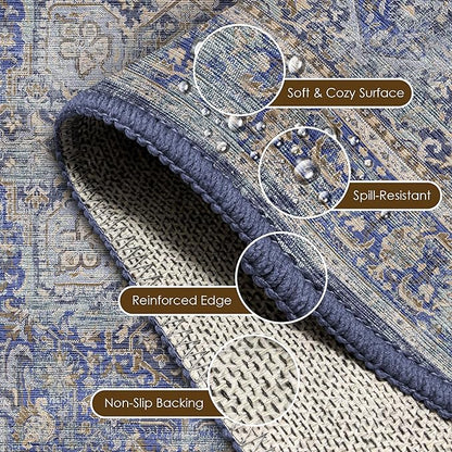 Washable Area Rug 9' x 12' Vintage Traditional Persian Mat - Foldable Distressed Non-Slip Machine Washable Carpet for Living Room Bedroom Kitchen Home Decor - Indigo and Gold