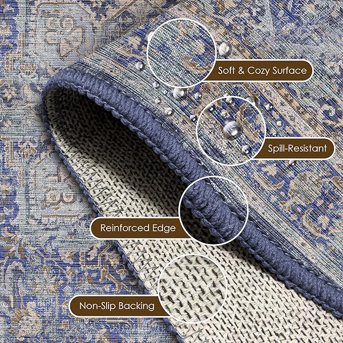 Washable Area Rug 2'6'' x 8' Vintage Traditional Persian Mat - Foldable Distressed Non-Slip Machine Washable Carpet for Living Room Bedroom Kitchen Home Decor - Indigo and Gold