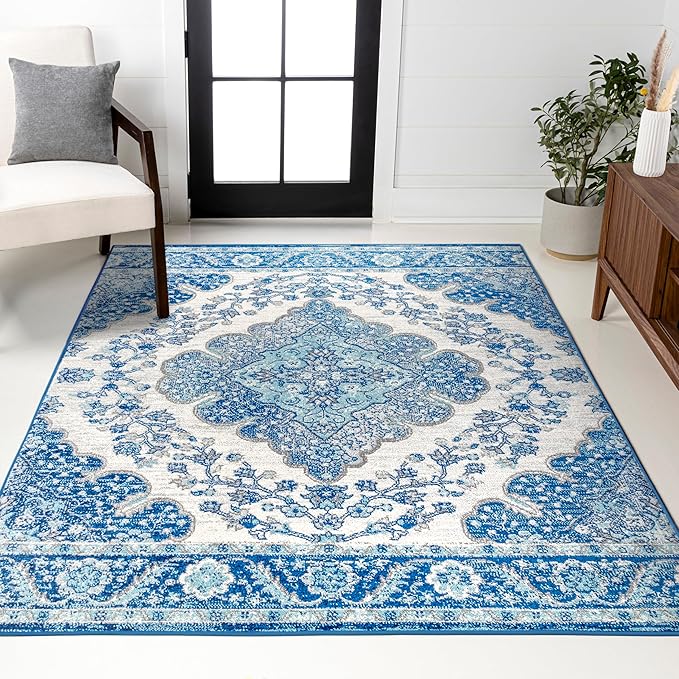 JONATHAN Y Boho Vintage Cream/Blue Indoor Area Rug, 3x5, Bohemian Flair Medallion, Floral Easy-Cleaning High Traffic for Living Room, Bedroom, Kitchen, Pet-Friendly, Non-Shedding (BMF106B-3)