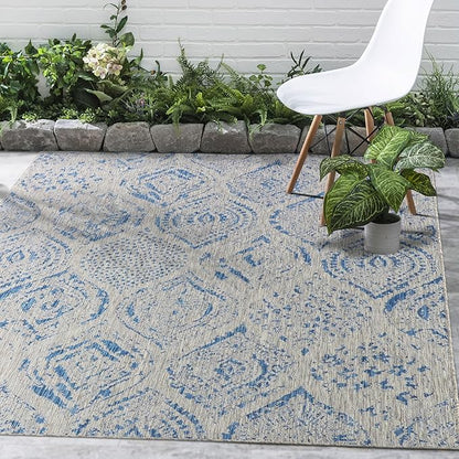 FH Home Outdoor Rug - Waterproof Easy to Clean Stain Resistant - Patio Indoor Outdoor Porch Deck Balcony Entryway - Distressed Farmhouse - Granada - Blue - 5ft 2in x 7ft 6in
