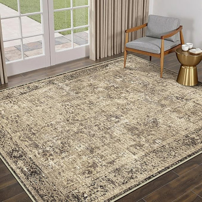 4x6 Area Rug Washable Vintage Neutral Entryway Living Room Carpet Indoor Office Non Slip Brown Entrance Distressed Low Pile Retro Accent Throw Rug for Dining Room Bathroom Bedroom Laundry
