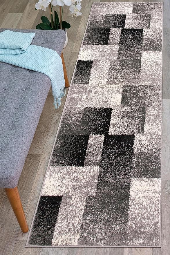 Rugshop Gray Modern Distressed Boxes Non-Shedding Runner Rug, Durable Low-Maintenance Design for Hallway, Corridor and Kitchen, 2' x 7'