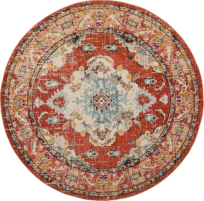 SAFAVIEH Monaco Collection Area Rug - 11' Round, Orange & Light Blue, Boho Chic Medallion Distressed Design, Non-Shedding & Easy Care, Ideal for High Traffic Areas in Living Room, Bedroom (MNC243H)