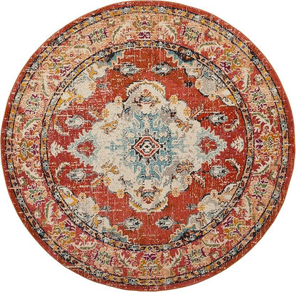 SAFAVIEH Monaco Collection Area Rug - 11' Round, Orange & Light Blue, Boho Chic Medallion Distressed Design, Non-Shedding & Easy Care, Ideal for High Traffic Areas in Living Room, Bedroom (MNC243H)