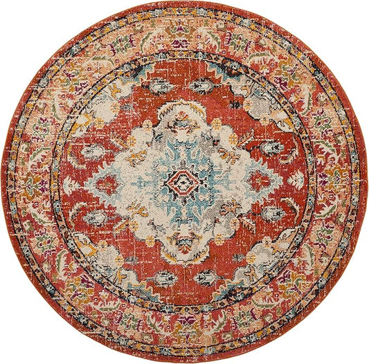 SAFAVIEH Monaco Collection Area Rug - 11' Round, Orange & Light Blue, Boho Chic Medallion Distressed Design, Non-Shedding & Easy Care, Ideal for High Traffic Areas in Living Room, Bedroom (MNC243H)