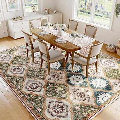 EnHomee 8x10 Area Rug, Soft Washable Rugs for Living Room Bedroom, Boho Non Slip Low Pile Stain Resistant Washable Rug Large Area Rugs for Dining Room,Easy to Clean Living Room Rug, Red & Green