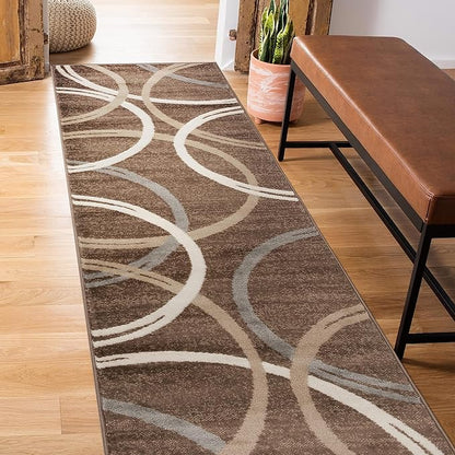 Rugshop Modern Wavy Circles Design Runner Rug, Carpet with Jute Backing for Hallway, Entryway, or Kitchen, Brown, 2' x 7'2"